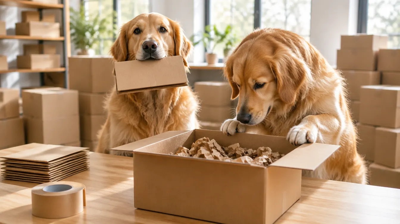 Dos golden retriever preparan los envíos de un e-commerce pet entre cajas de cartón