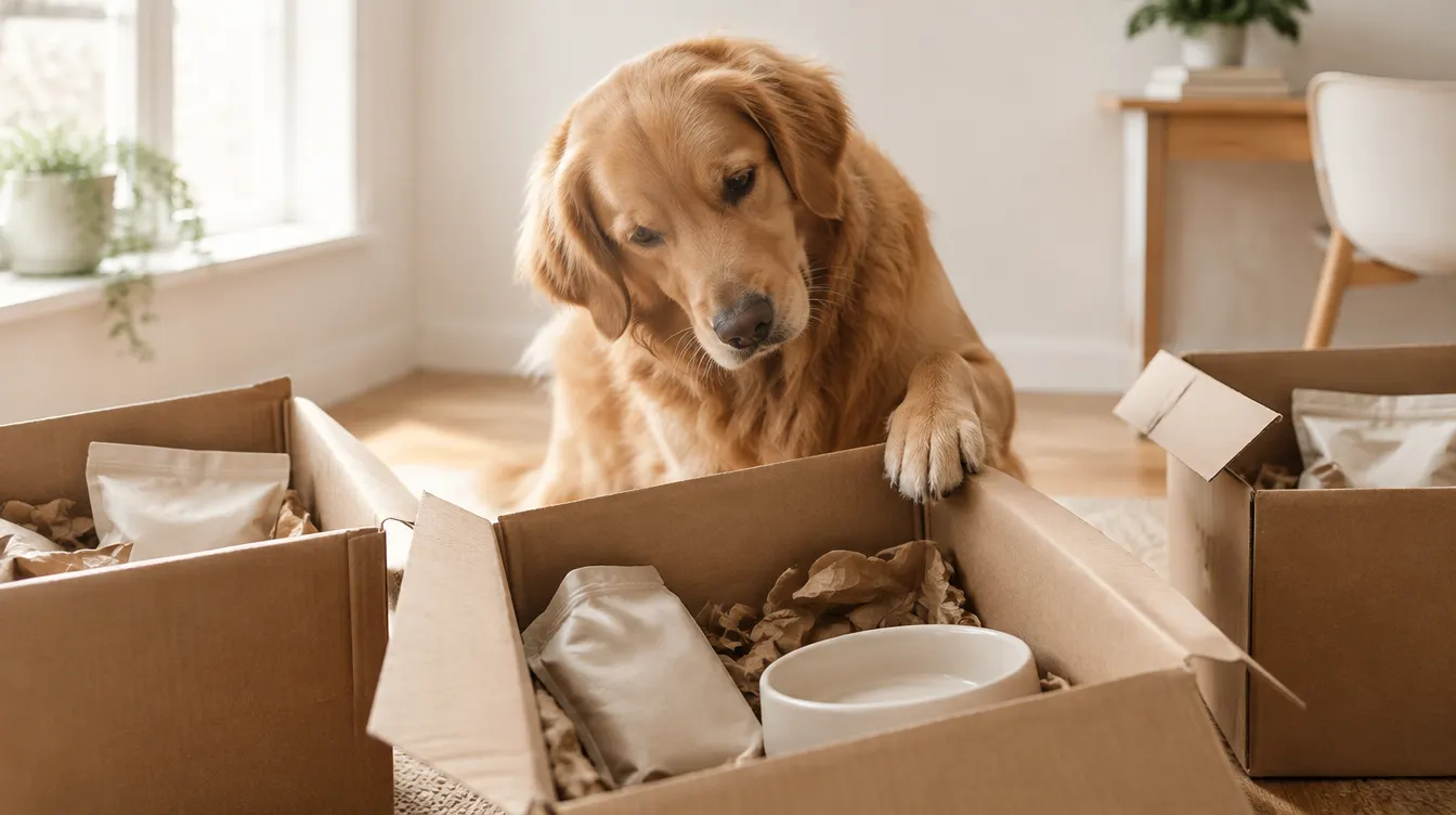 Golden retriever observa una caja abierta con productos para animales lista para el envío