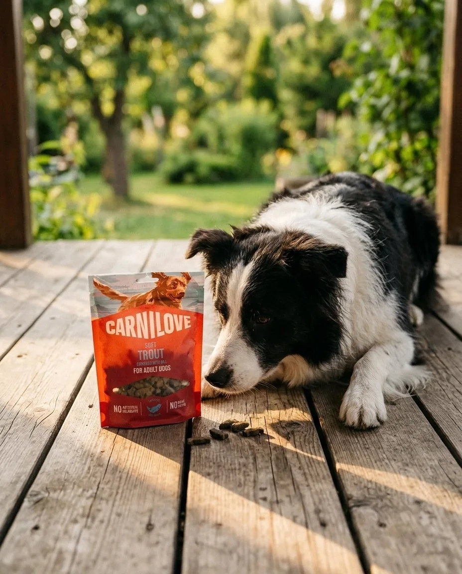 Border collie beside a pouch of Carnilove treats on a wooden deck