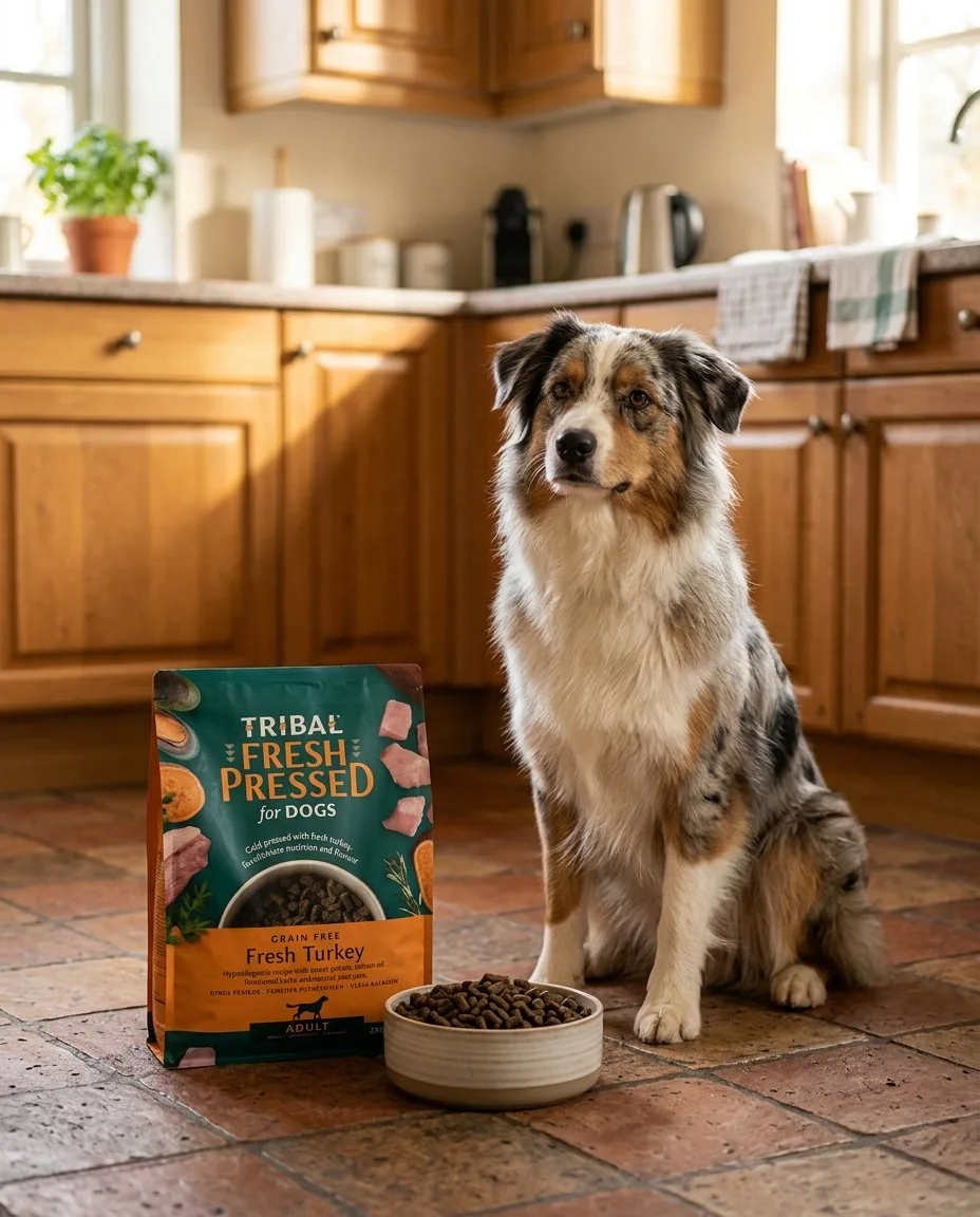 Australian shepherd beside a Tribal Fresh Pressed bag and a bowl of kibble