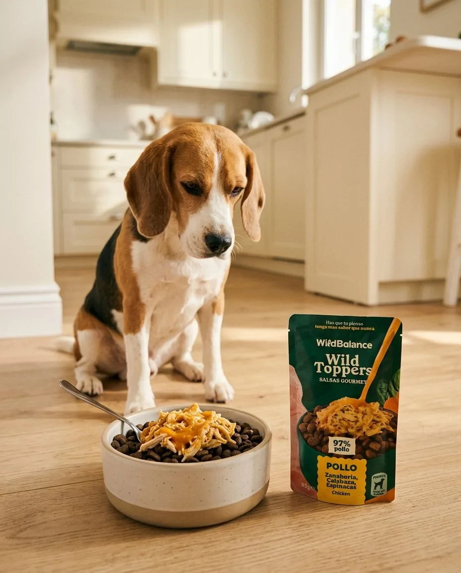Beagle beside a bowl and a Wild Balance Wild Toppers pouch in a kitchen